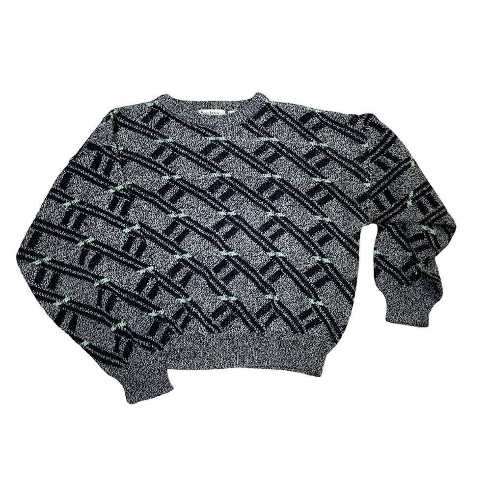 VTG 90s Santana Cosby Grandpa Sweater  Geometric Green Black Gray Abstract